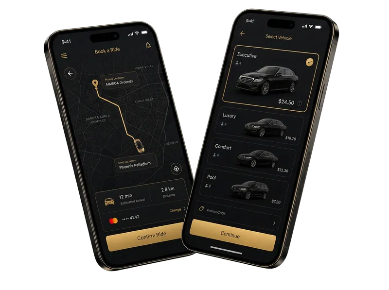 Royal Ride app screens showing the booking map and vehicle selection in gold on black