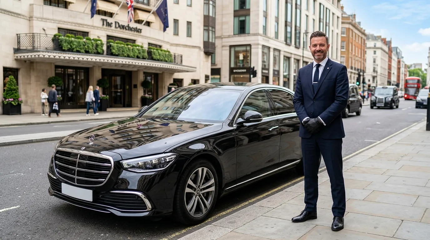 Chauffeur standing next to a modern luxury sedan on a bright daytime street
