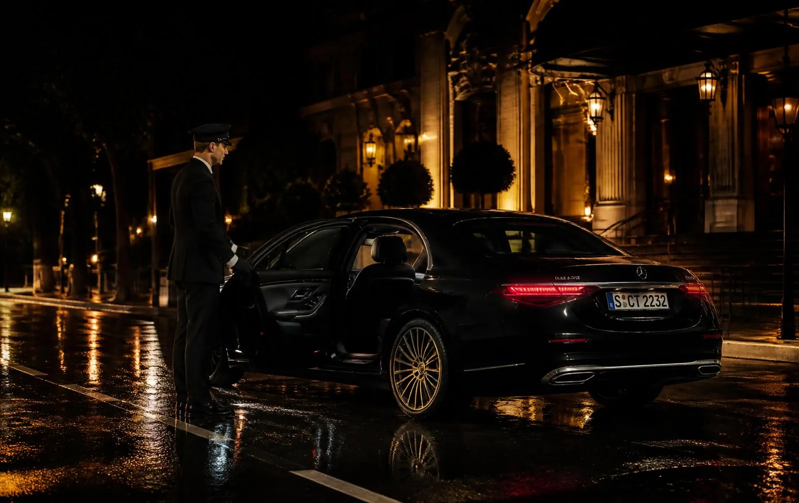 High quality professional chauffeur and luxury black sedan at night